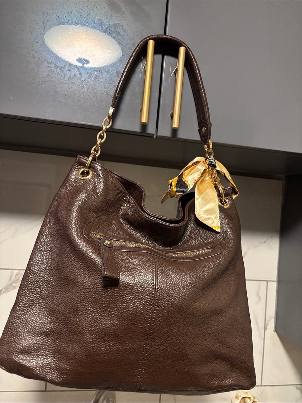 Women's Dark Brown Leather Shoulder Hobo with Gold Accents